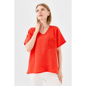 Desen Triko Kadın V Yaka Cebi File Keten T-Shirt Oranj
