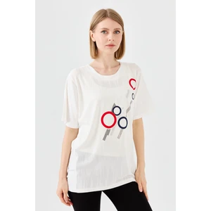 Kadın Sıfır Yaka Halka Desenli Penye T-Shirt Kemik