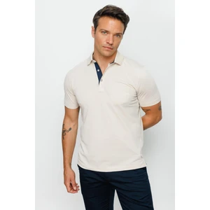 Desen Triko Erkek Polo Yaka Düğmeli Cepli T-Shirt Taş