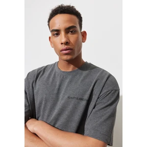 Altınyıldız Classics Erkek Antrasit-melanj Oversize Bol Kesim Bisiklet Yaka Pamuklu Baskılı Tişört