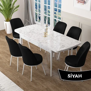 Concept Zen Serisi Açılabilir Beyaz Mermer Desen Mdf 80X132 Mutfak Masası Takımı  6 Sandalye