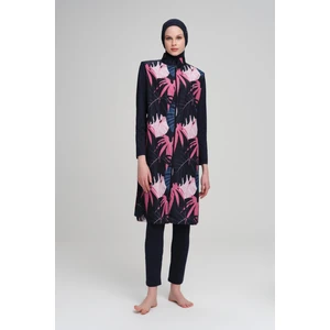 Pembe Palmiye Desenli Lacivert Jileli 4 Parça Tesettür Mayo Takımı