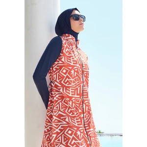 Geometrik Desenli Turuncu Jileli 4 Parça Tesettür Mayo Takımı