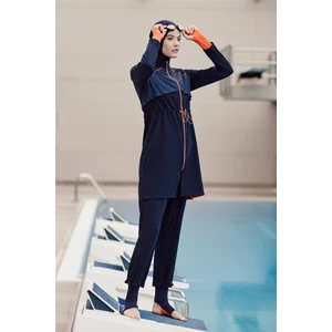 Performans Serisi Turuncu Ayak Bant Detaylı Lacivert 6 Parça Tesettür Mayo Takımı H-Per 50