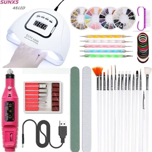Protez Kalıcı Oje Kurutucu Uv Led + Tırnak Desen Full Seti + Manikür Cihazı kalem Freze Özel Set 3'lü