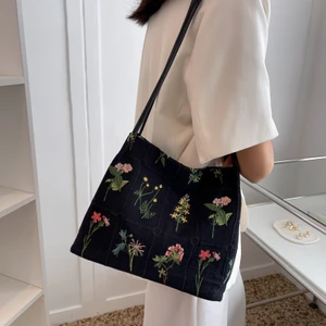 Retro Çiçek Desen Omuz Çantası Kadın Pamuk Keten Çanta Çanta Moda Bayan Çanta (Yurt Dışından)