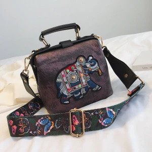Vintage Nakış Fil Çantası Geniş Kelebek Kayış Pu Deri Bayanlar Omuz Messenger Çantası (Yurt Dışından)