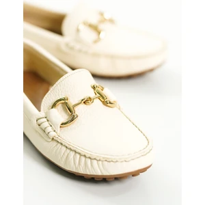 Hakiki Deri 203-BJ Oval Burunlu Toka Detay Kadın Bej Babet & Loafer Ayakkabı