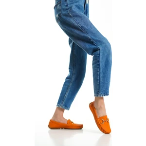 Hakiki Deri 203-ORJ Oval Burunlu Toka Detay Kadın Turuncu Babet & Loafer Ayakkabı