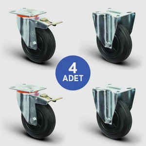 2 Adet EM01MKR100F Döner Tablalı Frenli + 2 Adet EM02MKR100 Sabit Maşalı Plastik - Kauçuk Tekerlek ÇAP100 Taşıma Arabası Tekerlek Seti 2XEM01MKR100F+2XEM02MKR100