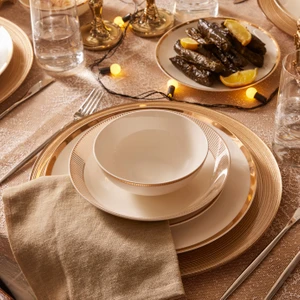 Gold Line 24 Parça 6 Kişilik Altın Renk Yuvarlak Porselen Yemek Takımı – Zarif ve Modern Tasarım