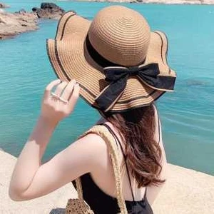 Kadın Dalgalı Geniş Siperli Fiyonklu Yazlık Organik Hasır Şapka