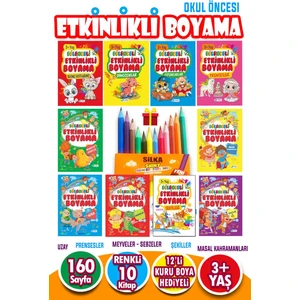12 Adet Kuru Boya  10 Kitaplı Eğitici ve Etkinlikli Boyama Seti