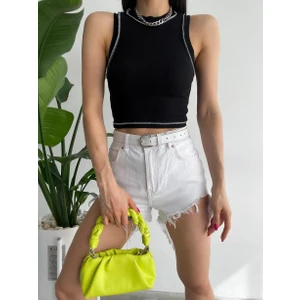 Kadın Halter Yaka Karyoka Dikişli Likralı Crop Siyah