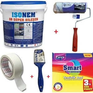 Isonem Sb Süper Bileşen Su Yalıtımı Beyaz + Izmir Fırça Epoksi Rulo 20 Cm + Izmir Fırça Luna 2.5 Cm Kestirme Fırça + 3 Cm Maskeleme Bandı + Parex Smart 3 Lü Eko Paket Temizlik Bezi Set