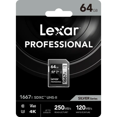 Lexar 64GB 1667X SDXC 4K V60 U3 C10 250MB/sn Hafiza Kart (Silver Series)