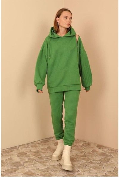 Aradım Taradım Petek Kumaş Uzun Kol Kapüşonlu Fermuar Detaylı Kadın Sweatshirt-Yeşil