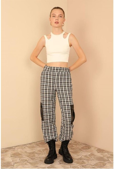 Aradım Taradım Tüvit Kumaş Uzun Boy Çizgili Kargo Kadın Pantolon-Vizon