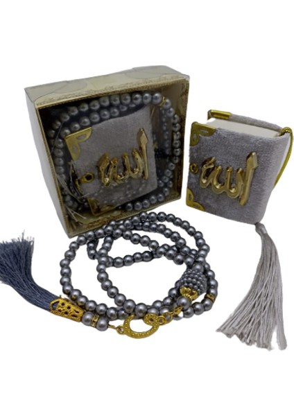 Hediyelik Mini Kuranı Kerim ve Inci Tesbih 99 Lu Set - Gümüş Renk