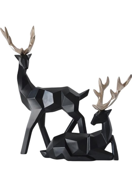 2x Modern Çift Geyik Heykeli Ren Geyiği Figürinler Yemek Odası Dekorasyonu B_black (Yurt Dışından)