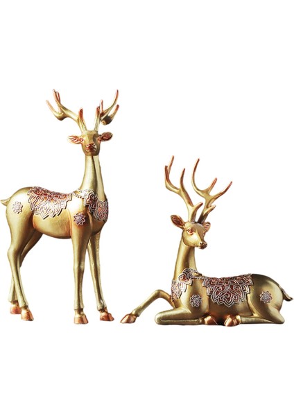 2x Geyik Figürinler Ren Geyiği Heykelleri Ev Dekor Yatak Odası Hayvan Elk Heykelleri Altın (Yurt Dışından)