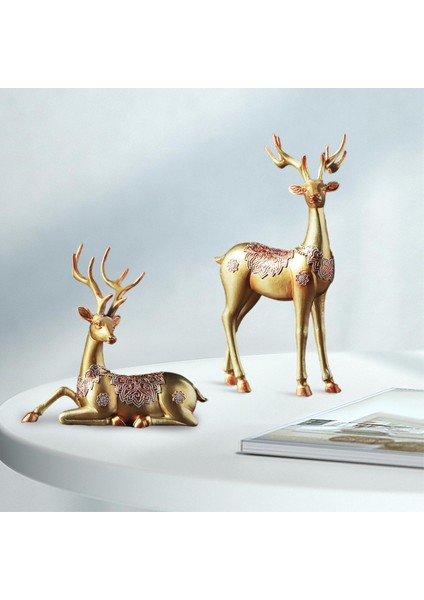 2x Geyik Figürinler Ren Geyiği Heykelleri Ev Dekor Yatak Odası Hayvan Elk Heykelleri Altın (Yurt Dışından) modelleri