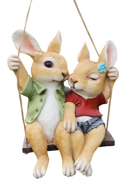 Bahçe Heykeli Swing Bunny Çiftler Figürinler Arka Bahçe Dekor Ağacı Süs Tavşanları (Yurt Dışından)