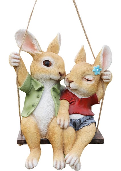 Bahçe Heykeli Swing Bunny Çiftler Figürinler Arka Bahçe Dekor Ağacı Süs Tavşanları (Yurt Dışından) fiyatları