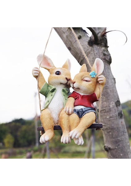 Bahçe Heykeli Swing Bunny Çiftler Figürinler Arka Bahçe Dekor Ağacı Süs Tavşanları (Yurt Dışından) fırsatları