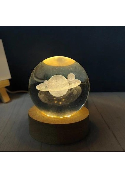Dekoratif Satürn Tasarımlı Ahşap Altlıklı Işıklı Cam Küre Cam:6cm Ahşap:2cm