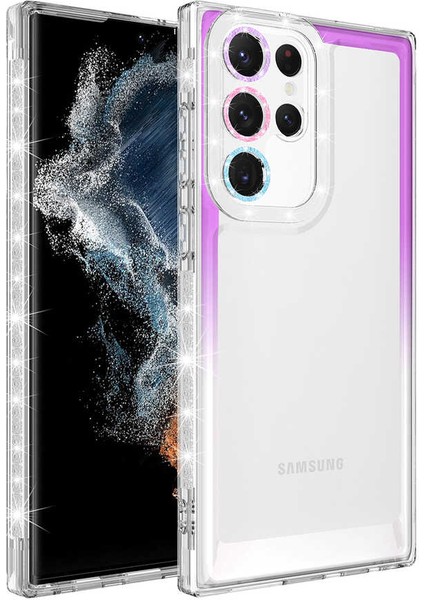 Samsung Galaxy S22 Ultra Kılıf Simli ve Renk Geçiş Tasarımlı Lens Korumalı Park Kapak
