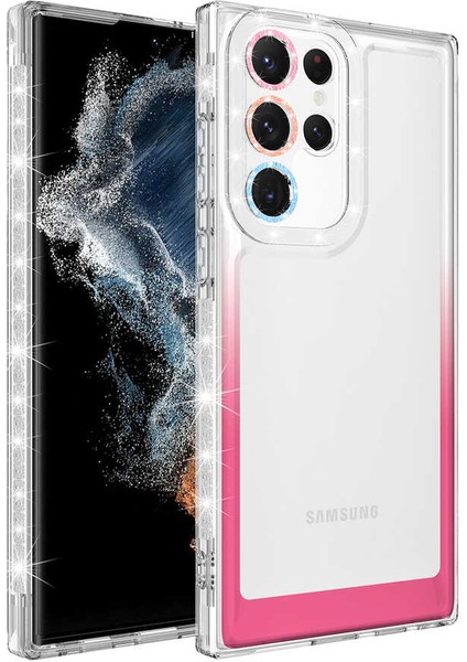 Samsung Galaxy S22 Ultra Kılıf Simli ve Renk Geçiş Tasarımlı Lens Korumalı Park Kapak