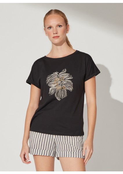 Bisiklet Yaka Baskılı Siyah Kadın T-Shirt Cm-Laner