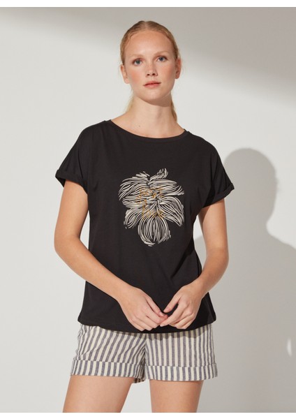 Bisiklet Yaka Baskılı Siyah Kadın T-Shirt Cm-Laner fiyatları