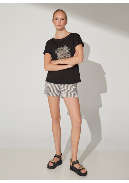 Bisiklet Yaka Baskılı Siyah Kadın T-Shirt Cm-Laner modelleri
