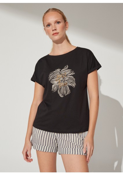 Bisiklet Yaka Baskılı Siyah Kadın T-Shirt Cm-Laner fırsatları
