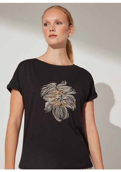 Bisiklet Yaka Baskılı Siyah Kadın T-Shirt Cm-Laner indirimleri
