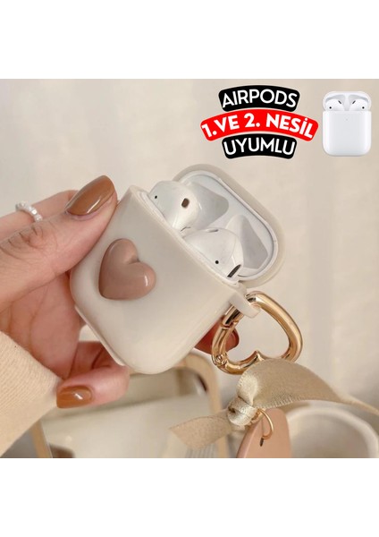 Airpods 1. ve 2. Nesil Uyumlu Kalpli Koruyucu Kılıf, Darbeye Dayanıklı Kopçalı Silikon Kılıf