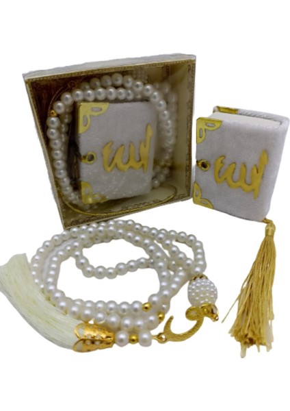 Hediyelik Mini Kuranı Kerim ve Inci Tesbih 99 Lu Set - Krem Renk