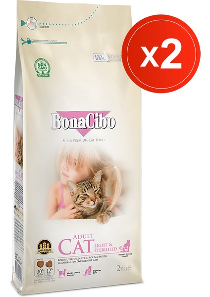 Bonacibo Adult Cat Light-Sterilised 2 kg x 2 Li - Kısırlaştırılmış Kediler Için Yetişkin Kedi Maması