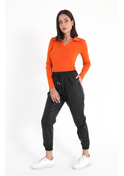 Paçası ve Beli Lastikli Pileli Deri Pantolon - Siyah