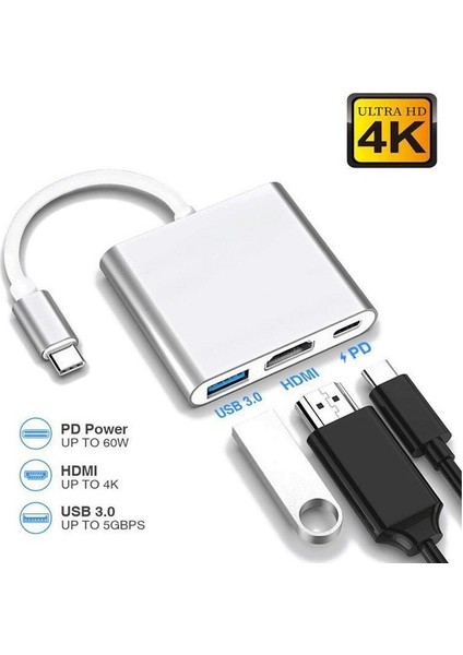 Çok Fonksiyonlu Üçü Bir Arada Yerleştirme Istasyonu Tip-C Hdmi4 K Hd Adaptör Kablosu Usb3.1 Genişletme Istasyonu (Yurt Dışından)