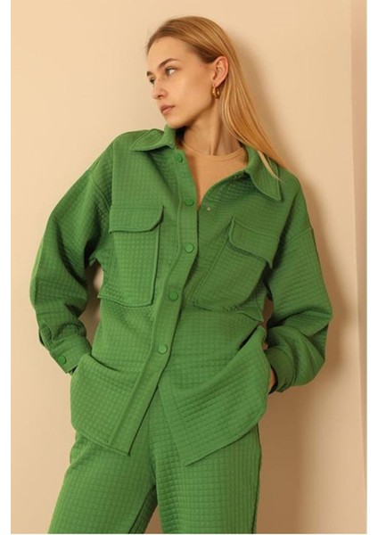 Kapitone Kumaş Çıtçıt Detaylı Kadın Gömlek-Yeşil modelleri