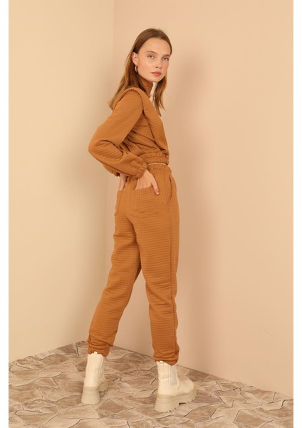 Kapitone Kumaş Boğazlı Yaka Omuz Detaylı Kadın Takım-Camel indirimleri