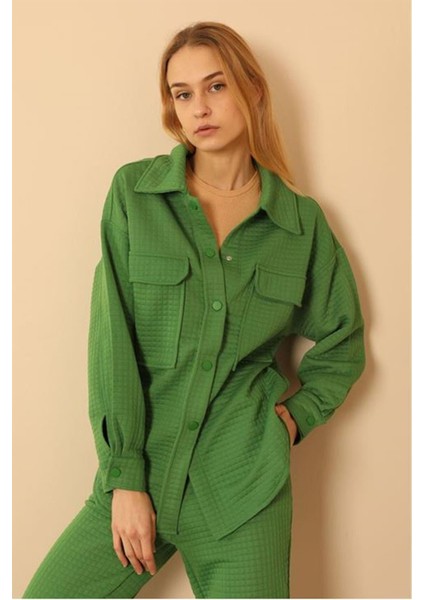 Kapitone Kumaş Çıtçıt Detaylı Kadın Gömlek-Yeşil fiyatları
