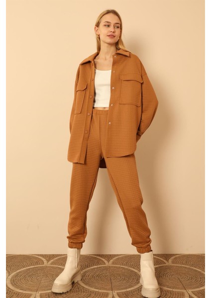 Kapitone Kumaş Çıtçıt Detaylı Kadın Gömlek-Camel indirimleri