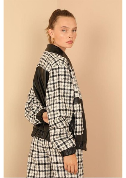 Tüvit Kumaş Gömlek Yaka Basen Boy Çizgili Kadın Ceket-Ekru fırsatları