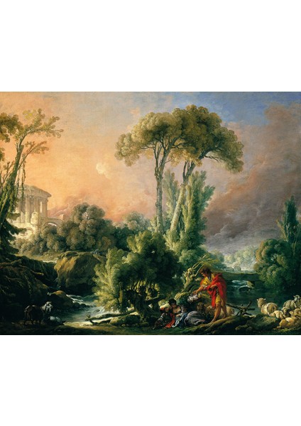 River Landscape With An Antique ve Temple, François Boucher