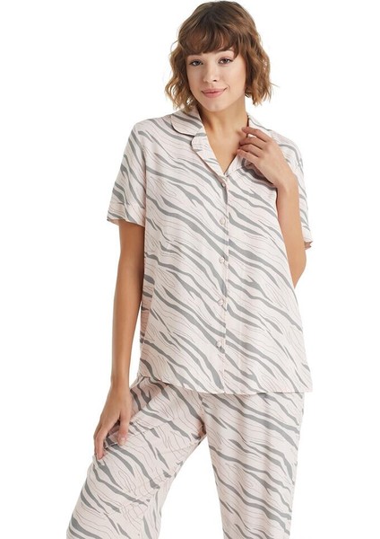 Kadın Gömlek Yaka Zebra Desen Pijama Takımı 5C1T0N18