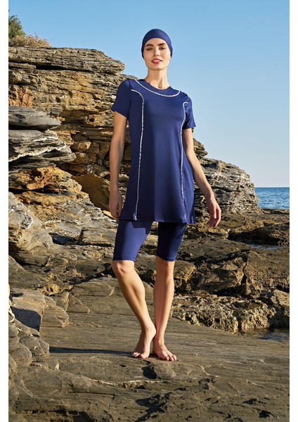 Kadın Bayan Yarım Kol Biyeli Tesettür Lacivert Mayo 2C3T1N28-2